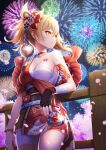  1girl aerial_fireworks against_railing arm_tattoo bandaged_arm bandaged_leg bandages blonde_hair bracelet breast_tattoo breasts cleavage cowboy_shot fingerless_gloves fireworks genshin_impact gloves hadanugi_dousa highres japanese_clothes jewelry kimono lace-trimmed_thighhighs medium_breasts medium_hair noro_assumed orange_eyes railing rope sarashi shimenawa short_kimono single_bare_shoulder single_fingerless_glove solo tattoo yoimiya_(genshin_impact) 