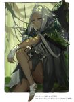  1girl absurdres arknights bandaged_foot bandaged_hand bandages black_cloak character_request cloak closed_mouth dark-skinned_female dark_skin flower forehead forest grey_eyes grey_hair half-closed_eyes highres hood hood_down hooded_cloak knee_up kobarisusuz long_hair nature parted_bangs plant solo thick_eyebrows very_long_hair vines white_flower 