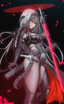  1girl absurdres artist_name ass black_background black_leotard breasts ekuskarma energy_sword feet_out_of_frame goddess_of_victory:_nikke grey_hair hair_between_eyes highres holding holding_lightsaber holding_sword holding_weapon large_breasts leotard light_particles lightsaber long_hair looking_at_viewer parted_lips red_eyes red_lightsaber scarlet_(nikke) sideless_leotard solo standing sword tactical_clothes thighs weapon 
