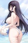  1girl ass ball beachball black_hair blue_eyes blue_sky breasts cowboy_shot earrings highres holding holding_ball holding_beachball jewelry large_breasts long_hair one-piece_swimsuit original oryo_(oryo04) sky solo strap_gap stud_earrings swimsuit very_long_hair white_one-piece_swimsuit 