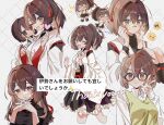  &gt;_&lt; 1girl alternate_costume bandaid bandaid_on_face bandaid_on_nose bespectacled blush breasts brown_hair character_doll closed_eyes collared_shirt double_v emoji frills glasses hair_between_eyes hair_ribbon heart highres hyuuga_(kancolle) interlocked_fingers ise_(kancolle) ise_kai_ni_(kancolle) japanese_clothes kantai_collection kazeshio medium_breasts multiple_views nontraditional_miko one_eye_closed open_mouth ponytail red_eyes red_ribbon ribbon shirt simple_background thank_you v white_shirt wide_sleeves 