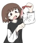  1girl arm_up bags_under_eyes black_shirt brown_eyes brown_hair crab_leg dripping food hand_up holding holding_food imminent_bite long_sleeves open_mouth original shirt simple_background slit_pupils solo sweatdrop torosakana upper_body white_background white_sleeves 