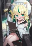  1girl :d animal_ear_fluff animal_ears black_sailor_collar blonde_hair blurry blurry_foreground blush book book_stack bookshelf breasts brown-framed_eyewear cat_ears cat_girl cat_tail cleavage collarbone commentary_request commission depth_of_field detached_sleeves feathered_wings feet_out_of_frame glasses green_eyes green_hair hair_ornament hairclip highres holding holding_book indoors leotard long_hair long_sleeves looking_at_viewer medium_breasts multicolored_hair open_book sailor_collar sample_watermark semi-rimless_eyewear single_wing skeb_commission sleeves_past_fingers sleeves_past_wrists smile solo streaked_hair tail tsukiman two-tone_hair under-rim_eyewear very_long_hair white_headwear white_leotard white_sleeves white_wings wide_sleeves wings 