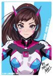  1girl absurdres artist_name blue_bodysuit bodysuit breasts brown_eyes brown_hair character_name closed_mouth commentary d.va_(overwatch) dated english_commentary english_text eyelashes facepaint facial_mark floating_hair highres interface_headset korean_text light_smile lips long_hair loose_hair_strand melissa_2.0 mixed-language_commentary multicolored_bodysuit multicolored_clothes overwatch pilot_suit pink_bodysuit reaching reaching_towards_viewer selfie serious signature skin_tight small_breasts solo swept_bangs upper_body upturned_eyes whisker_markings white_bodysuit wind 