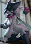  anthro bent_over breasts claws featureless_crotch female fur generation_9_pokemon green_body green_fur hi_res mask meowscarada narrowed_eyes nintendo nipples nude open_mouth pakwan008 pink_eyes pink_nipples pokemon pokemon_(species) short_tail smile solo tail 
