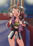 1girl :d absurdres bandeau blue_eyes blush bow breasts brown_hair cleavage collarbone commentary_request cowboy_shot eyelashes fundoshi hairband highres hilda_(pokemon) hilda_(summer_2022)_(pokemon) holding holding_towel jacket japanese_clothes looking_at_viewer miraa_(chikurin) navel night official_alternate_costume open_clothes open_jacket open_mouth outdoors pokemon pokemon_(game) pokemon_masters_ex sash sidelocks smile solo steaming_body sweat tongue towel towel_around_neck 