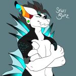  anthro blue_eyes crossed_arms dragon frill_spines hair hi_res horn hybrid lionfish looking_at_viewer male multicolored_ears navel rainbow_ears simple_background skull_bunz_official solo stern_look vincent(huf13) 