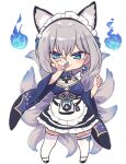  1girl :3 animal_ear_fluff animal_ears apron blue_eyes blue_nails blue_skirt blush_stickers breasts chibi cleavage_cutout clothing_cutout earrings extra_ears facial_mark fox_ears fox_girl fox_shadow_puppet fox_tail frilled_skirt frills full_body grey_hair hair_between_eyes hand_up highres hitodama inari_iroha jewelry lolita_fashion maid_apron maid_headdress medium_breasts multiple_tails noripro obi omamori pom_pom_(clothes) pouch red_eyeliner sash short_hair simple_background skirt smile solo tail thighhighs virtual_youtuber wa_lolita white_background white_thighhighs wide_sleeves yuuki_(yuyuki000) 