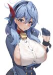  1girl ako_(blue_archive) bell black_gloves blue_archive blue_eyes blue_hair blush breasts collar earrings gloves hair_between_eyes hairband halo huge_breasts jewelry long_hair long_sleeves looking_at_viewer neck_bell onedoo sideboob simple_background skirt solo 