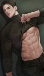  1boy abs bara black_hair black_pants black_shirt closed_mouth clothes_lift highres large_pectorals male_focus muscular muscular_male navel nipples original pants pectorals shirt shirt_lift short_hair simple_background solo ssong-ga twitter_username 