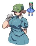  1girl absurdres arm_behind_back blue_shirt blue_skirt brown_hair closed_mouth commentary flat_cap gloves green_headwear hat highres hyoutan_tan kappa_mob_(touhou) reference_inset shirt short_ponytail simple_background skirt smile solo touhou white_background white_gloves 