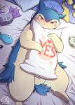  absurd_res anal_beads animal_genitalia balls bed belly big_belly blue_body blue_ears blush condom countershading dildo egg feral fluffy furniture generation_2_pokemon genitals hi_res inviting looking_at_viewer lube lube_bottle lying lying_on_bed male mammal meme multicolored_body mustelid nintendo on_bed penetrable_sex_toy pillow pillow_hug pokemon pokemon_(species) risenpaw sex_toy sexual_barrier_device sheath slightly_chubby typhlosion vibrator yes-no_pillow 