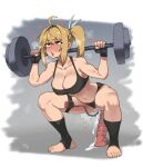  1girl ahoge barbell black_gloves black_panties black_sports_bra blonde_hair blush breasts cleavage clothing_aside collarbone difman dildo exercise feet female_ejaculation female_masturbation fingerless_gloves full_body gloves hair_between_eyes heart highres large_breasts long_hair masturbation navel nipples original panties panties_aside red_eyes rolling_eyes sex_toy side_ponytail sidelocks solo sports_bra squatting stirrup_legwear sweat thigh_strap toeless_legwear underwear vibrator vibrator_in_thigh_strap weightlifting 