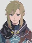  1boy blue_eyes brown_hair champion&#039;s_tunic_(zelda) closed_mouth grey_background hair_between_eyes hood hood_down link looking_at_viewer male_focus pointy_ears simple_background solo the_legend_of_zelda the_legend_of_zelda:_breath_of_the_wild tunic upper_body yukuso_(dabiandang) 