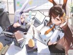  2girls absurdres animal_ears azur_lane black_hairband black_skirt blunt_bangs breasts brown_eyes brown_hair chikuma_(azur_lane) closed_mouth commentary_request computer copyright copyright_name crossed_bangs hair_between_eyes hair_ornament hairband highres holding holding_pen hutosutoro indoors laptop large_breasts long_hair long_sleeves looking_at_viewer manjuu_(azur_lane) multiple_girls official_art on_chair parted_lips pen pleated_skirt rabbit_ears shimakaze_(azur_lane) shirt sideboob sidelocks sitting skirt smile star_(symbol) white_hair white_shirt 