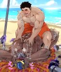  2boys :d abs applying_sunscreen bara beach black_male_swimwear blush dark-skinned_male dark_skin disembodied_limb dry_humping extra_arms full_body hand_on_another&#039;s_chest helmet highres humping katoributa_a large_areolae large_pectorals long_sideburns lotion loving_aura lying male_focus male_swimwear multiple_boys muscular muscular_male nipples ocean on_back orange_male_swimwear pectorals protagonist_3_(housamo) shiva_(housamo) short_hair shy sideburns smile squatting steam_from_mouth stomach straddling sunscreen sweatdrop swim_briefs swim_trunks thick_eyebrows tokyo_afterschool_summoners topless_male translation_request trembling umbrella yaoi 