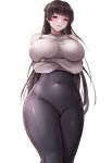  1girl absurdres arms_under_breasts bare_shoulders black_hair black_pantyhose blush breasts brown_eyes cameltoe cheonju closed_mouth covered_navel crossed_arms detached_sleeves grey_sweater high-waist_pantyhose highres huge_breasts long_hair long_sleeves original pantyhose ribbed_sweater simple_background sleeveless sleeveless_sweater smile solo sweater white_background 