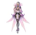 1girl alternate_costume aversa_(fire_emblem) boots bracelet breasts bridal_gauntlets cape cleavage commentary_request dark-skinned_female dark_skin detached_sleeves dress facial_mark fingernails fire_emblem fire_emblem_awakening fire_emblem_heroes flower frills full_body grey_hair highres jewelry large_breasts lips long_hair long_sleeves looking_at_viewer makitoshi0316 nail_polish official_art parted_bangs parted_lips pelvic_curtain plant red_eyes short_dress simple_background smile solo thigh_boots vines white_background white_hair 