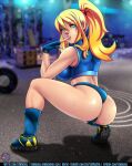 1girl ass blonde_hair blue_eyes blurry blurry_background breasts buruma dripping exercise_machine eyelashes finger_to_mouth fingerless_gloves formal from_behind gloves hentai-foundry_username highres large_breasts light_particles lips long_hair looking_at_viewer looking_back metroid midriff mole mole_above_mouth newgrounds_username parted_lips patreon_username ponytail samus_aran shoes sidelocks sir_wog_dog skin_tight sleeveless socks sports_bra sportswear squatting suit sweat twitter_username very_sweaty 