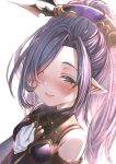  1girl absurdres aldehyde armor bare_shoulders breasts brown_eyes gloves granblue_fantasy harvin highres long_bangs long_hair looking_at_viewer niyon_(granblue_fantasy) pointy_ears purple_hair simple_background small_breasts smile solo white_background 