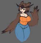  1girl ashsux breasts brown_eyes brown_feathers brown_hair cleavage commentary denim english_commentary feather_fingers feathered_wings feathers flying_sweatdrops grey_background hair_between_eyes harpy highres jeans large_breasts monster_girl multicolored_hair open_mouth orange_shirt original owl_ears pants shirt short_hair sleeveless solo two-tone_hair waving winged_arms wings 