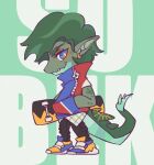  1boy black_pants blue_eyes blue_jacket character_name colored_skin crocodile_boy crocodilian_tail egyptian_mythology from_side full_body furry furry_male green_hair green_skin grey_background highres holding holding_skateboard hua_hua_de_meme jacket original pants pointy_ears profile shoes short_hair skateboard sneakers sobek_(mythology) solo tail 