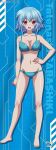  1girl bikini blue_background blue_bikini blue_hair breasts character_name contrail full_body hand_on_own_hip highres infinite_stratos large_breasts looking_at_viewer official_art open_mouth red_eyes sarashiki_tatenashi short_hair solo swimsuit 