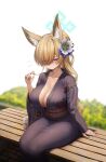 1girl absurdres animal_ears blonde_hair blue_archive blue_halo blurry blurry_background blush breasts can cleavage commentary floral_print flower hair_flower hair_ornament halo hibi_(grangcat) highres japanese_clothes kanna_(blue_archive) kimono large_breasts print_kimono sitting solo symbol-only_commentary thighs yukata 