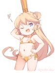  1girl ;d arm_up artist_name bare_arms bare_shoulders bikini blonde_hair blue_eyes breasts charlotta_(granblue_fantasy) commentary cowboy_shot crown gold_bikini granblue_fantasy groin hair_between_eyes hand_on_own_hip harvin heart jingai_modoki light_blush long_hair looking_at_viewer navel one_eye_closed open_mouth pointy_ears side-tie_bikini_bottom simple_background small_breasts smile smug solo stomach string_bikini swimsuit tall_crown twitter_username very_long_hair white_background 