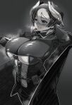  1girl absurdres alternate_breast_size blush breasts cape commentary_request greyscale hair_between_eyes hand_on_own_ear highres huge_breasts large_breasts long_sleeves looking_ahead made_in_abyss mikiji monochrome open_mouth ozen short_hair smile solo steam 