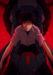  1boy belt black_pants blue_shirt brown_belt brown_hair collared_shirt evangelion_(mecha) highres ikari_shinji looking_at_viewer male_focus neon_genesis_evangelion official_style pants parody red_eyes shirt short_bangs short_hair short_sleeves sitting solo style_parody tousok white_shirt 