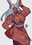  1girl abs absurdres animal_ear_fluff animal_ears bare_shoulders biceps boku_no_hero_academia breasts center_opening collarbone cosplay dark-skinned_female dark_skin eyes_visible_through_hair fatal_fury gabriel_ales hand_on_own_hip highres large_breasts leg_up long_hair looking_away mirko muscular muscular_female rabbit_ears rabbit_girl red_eyes shiranui_mai shiranui_mai_(cosplay) signature sleeveless snk the_king_of_fighters thick_thighs thighs v-shaped_eyebrows watermark white_background white_hair 