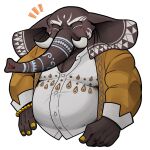  1boy bara bead_bracelet beads belly bracelet closed_eyes closed_mouth collared_shirt commentary_request cropped_torso elephant_boy elephant_ears furry furry_male girimekra_(housamo) hand_on_own_hip happy highres jacket jewelry male_focus muscular muscular_male notice_lines plump shirt signature simple_background smile solo tanaka_no_azumi tokyo_afterschool_summoners tusks white_background white_shirt yellow_jacket yellow_nails 