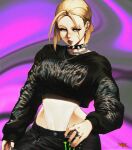  absurdres alternate_costume black_nails blonde_hair cammy_white choker cross cross_necklace earrings gothic highres jewelry leotard long_sleeves looking_to_the_side midriff necklace short_hair spiked_choker spikes spunkyramaz street_fighter street_fighter_6 