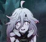 1girl :d ahoge bare_shoulders briar_(league_of_legends) drooling gradient_background grey_eyes grey_hair hands_up imrqueso league_of_legends long_hair open_mouth pointy_ears sharp_teeth shiny_skin smile solo teeth tongue wrist_cuffs 