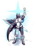  absurd_res anthro bodysuit boots canid canine canis clothing cybernetics cyborg feathers footwear hi_res hwolfhr knight knightt-gw01(hwolfhr) machine male mammal robot skinsuit solo tight_clothing warrior wolf 