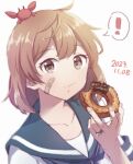  1girl animal_on_head bandaid bandaid_on_face blue_sailor_collar brown_eyes brown_hair crab_on_head dated doughnut eating eighth_note food highres kantai_collection misowhite musical_note oboro_(kancolle) on_head sailor_collar sailor_shirt school_uniform serafuku shirt simple_background solo spoken_musical_note upper_body white_background 