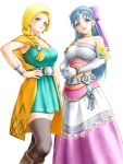  2girls asymmetrical_sleeves bare_shoulders belt bianca_(dq5) blonde_hair blue_eyes blue_hair boots bow bracelet braid breasts brown_footwear brown_thighhighs cape cleavage closed_mouth collarbone commentary_request cowboy_shot dragon_quest dragon_quest_heroes dragon_quest_v dress earrings elbow_gloves flora_(dq5) flower french_braid gloves green_dress hair_behind_ear hair_bow hair_over_shoulder hair_pulled_back half_updo hand_on_own_hip highres huge_bow interlocked_fingers jewelry knee_boots large_breasts long_dress long_hair looking_at_viewer low-tied_long_hair medium_breasts multiple_girls neck_ring open_mouth orange_cape own_hands_together pink_bow single-shoulder_dress single_braid single_strap sleeveless sleeveless_dress smile standing swept_bangs thighhighs white_background white_gloves x_chitch yellow_flower zettai_ryouiki 