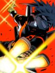  1boy bakugou_katsuki blurry blurry_background blurry_foreground boku_no_hero_academia chromatic_aberration commentary_request crazy_eyes depth_of_field diffraction_spikes eye_mask film_grain foreshortening gloves glowing grin hands_up head_tilt headgear high_collar highres imminent_explosion incoming_attack limited_palette looking_at_viewer looking_to_the_side male_focus matsuya_(pile) midair neon_trim open_hands orange_gloves outstretched_arms outstretched_hand partial_commentary reaching reaching_towards_viewer red_background red_eyes sanpaku scratches short_hair single_horizontal_stripe smile solo spiked_hair turning_head upper_body wrist_guards 