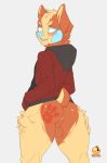  anthro anus balls bell-bell_(artist) big_butt butt clothed clothing digital_media_(artwork) fur genitals hi_res jacket_only looking_at_viewer male nude orange_body orange_fur partially_clothed simple_background slap_mark smile solo suky_honshu tail tongue wide_hips 