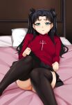 1girl absurdres aqua_eyes ass bed black_bow black_hair black_thighhighs blush bow breasts clothes_lift commission cross english_commentary fate/stay_night fate_(series) hair_bow highres latin_cross lifted_by_self long_hair looking_at_viewer lying on_back on_bed parted_bangs parted_lips pillow skirt skirt_lift solo sweater thighhighs thighs tohsaka_rin turtleneck turtleneck_sweater two_side_up xkit 