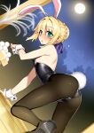  1girl all_fours animal_ears aqua_eyes artoria_pendragon_(fate) ass bare_shoulders black_footwear blonde_hair blush breasts eating fate_(series) food full_moon high_heels looking_at_viewer mochi moon namonashi night night_sky playboy_bunny rabbit_ears rabbit_tail simple_background sky small_breasts solo tail wrist_cuffs 