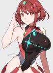  1girl bare_shoulders black_one-piece_swimsuit blush breasts chest_jewel competition_swimsuit covered_navel earrings gem headpiece highres jewelry large_breasts looking_at_viewer one-piece_swimsuit peach11_01 pyra_(pro_swimmer)_(xenoblade) pyra_(xenoblade) red_eyes red_hair red_one-piece_swimsuit short_hair smile solo swept_bangs swimsuit tiara two-tone_swimsuit xenoblade_chronicles_(series) xenoblade_chronicles_2 