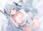  1girl alternate_costume bed blue_eyes blue_hair blurry blurry_background blush breasts collarbone commentary_request curtains hair_ornament highres indie_virtual_youtuber large_breasts long_hair looking_at_viewer p_(p25234112) pillow seiza shirt sitting solo t-shirt virtual_youtuber waking_up wings yuha_uyu 