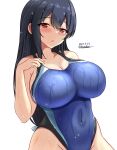  1girl :o black_hair black_one-piece_swimsuit blue_one-piece_swimsuit blush breasts competition_swimsuit covered_navel cowboy_shot dated fusou_(kancolle) highleg highleg_swimsuit highres impossible_clothes impossible_swimsuit kantai_collection large_breasts long_hair montemasa multicolored_clothes multicolored_swimsuit one-hour_drawing_challenge one-piece_swimsuit red_eyes simple_background swimsuit twitter_username two-tone_swimsuit wet wet_clothes wet_swimsuit white_background 
