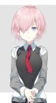  1girl black_shirt breasts collared_shirt eka_eri fate/grand_order fate_(series) grey_background grey_jacket jacket jacket_partially_removed large_breasts long_sleeves looking_at_viewer mash_kyrielight multicolored_clothes multicolored_jacket necktie open_clothes open_jacket parted_lips pink_hair purple_eyes red_necktie shirt short_hair solo two-tone_background two-tone_jacket upper_body white_background white_jacket 