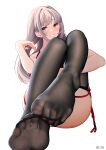  1girl absurdres aki_(1360505188) artist_name black_thighhighs blush feet foot_focus grey_hair grin highres knees_up long_hair looking_at_viewer no_shoes original pink_eyes red_nails simple_background sitting smile solo thighhighs toe_seam white_background 
