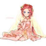  1girl alternate_costume blue_eyes dragalia_lost dress elbow_gloves flower full_body gloves hair_flower hair_ornament highres looking_at_viewer maribelle_(dragalia_lost) on_floor pink_dress pink_hair po_pooch smile solo thighhighs twintails twitter_username veil 