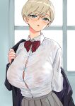  1girl :o absurdres blonde_hair bow bowtie breasts button_gap cleavage covered_nipples glasses green_eyes grey_skirt highres large_breasts looking_at_viewer nekoi_mie no_bra original rimless_eyewear round_eyewear shirt shirt_tucked_in short_hair skirt solo striped striped_bow striped_bowtie underwear undressing white_shirt 