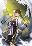  1girl arknights belt_collar coat collar elf grey_hair hair_ornament highres holding holding_umbrella huajiaohaibao long_hair long_sleeves muelsyse_(arknights) name_tag open_clothes open_coat open_mouth pointy_ears sharp_teeth smile solo standing teeth umbrella upper_teeth_only white_coat yellow_eyes 
